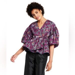 Kika Vargas x Target Purple Floral Puff-Sleeve Top - Size Medium